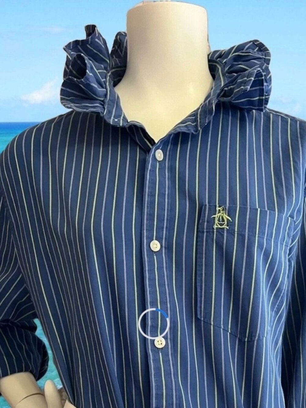 Upcycled Original Penguin Blue stripe Button-Down Shirt with ruffled collar